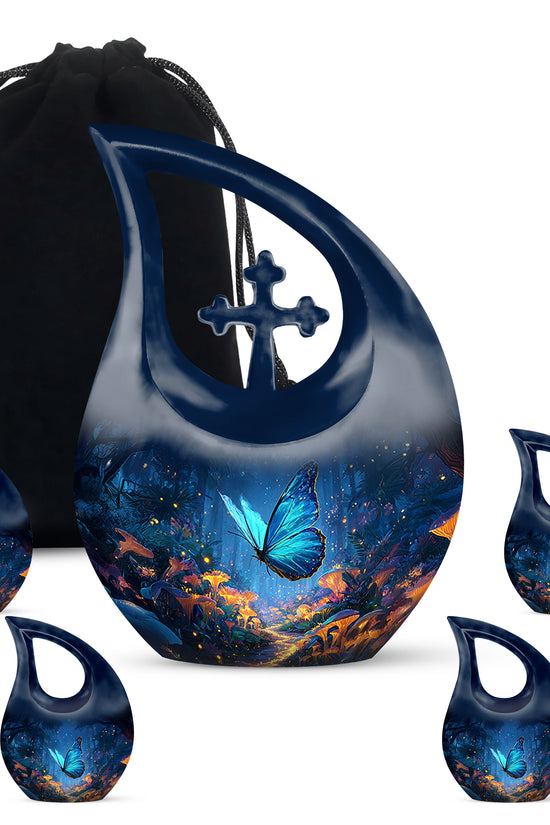 Slate Blue Butterfly Cremation Urn urn with complimentary velvet bag - sacred cross merged with butterfly motif on metal - memorial set with one large and four small urns