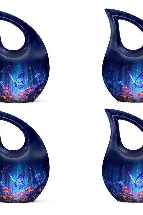 Vivid Blue Butterfly Cremation Urn lifestyle display on memorial shelf - faith-inspired cross-drop urn with butterfly pattern - 10 inch aluminum urn for cremated remains