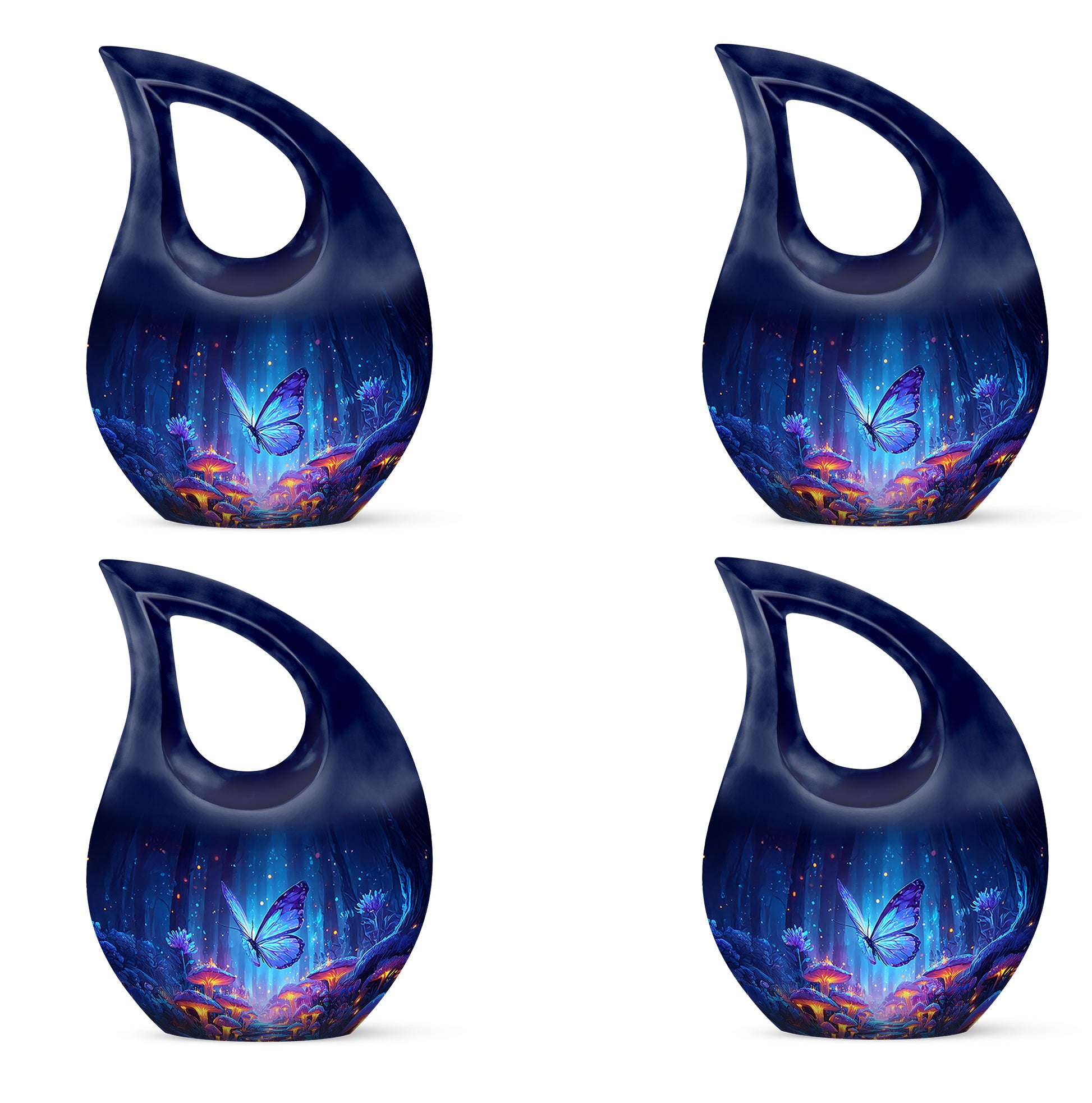 Vivid Blue Butterfly Cremation Urn lifestyle display on memorial shelf - faith-inspired cross-drop urn with butterfly pattern - 10 inch aluminum urn for cremated remains