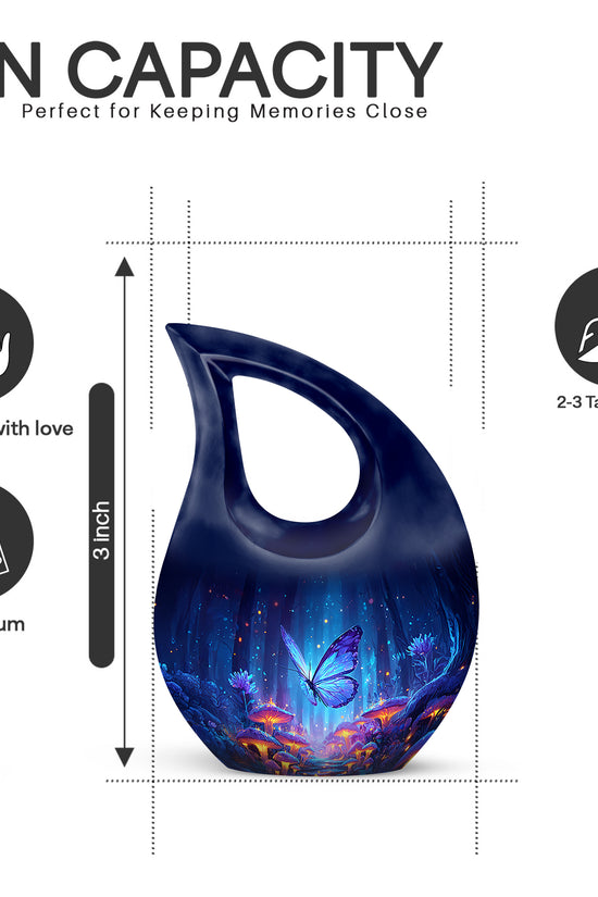 Soft Blue Butterfly Cremation Urn back view with polished surface - faith-inspired cross-drop urn with butterfly pattern - mini keepsake memorial for portion of cremation ashes