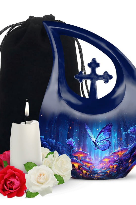 Cobalt Blue Butterfly Cremation Urn top-down view of secure threaded lid - faith-inspired cross-drop urn with butterfly pattern - full-size 10 inch 200 cubic inch adult cremation urn