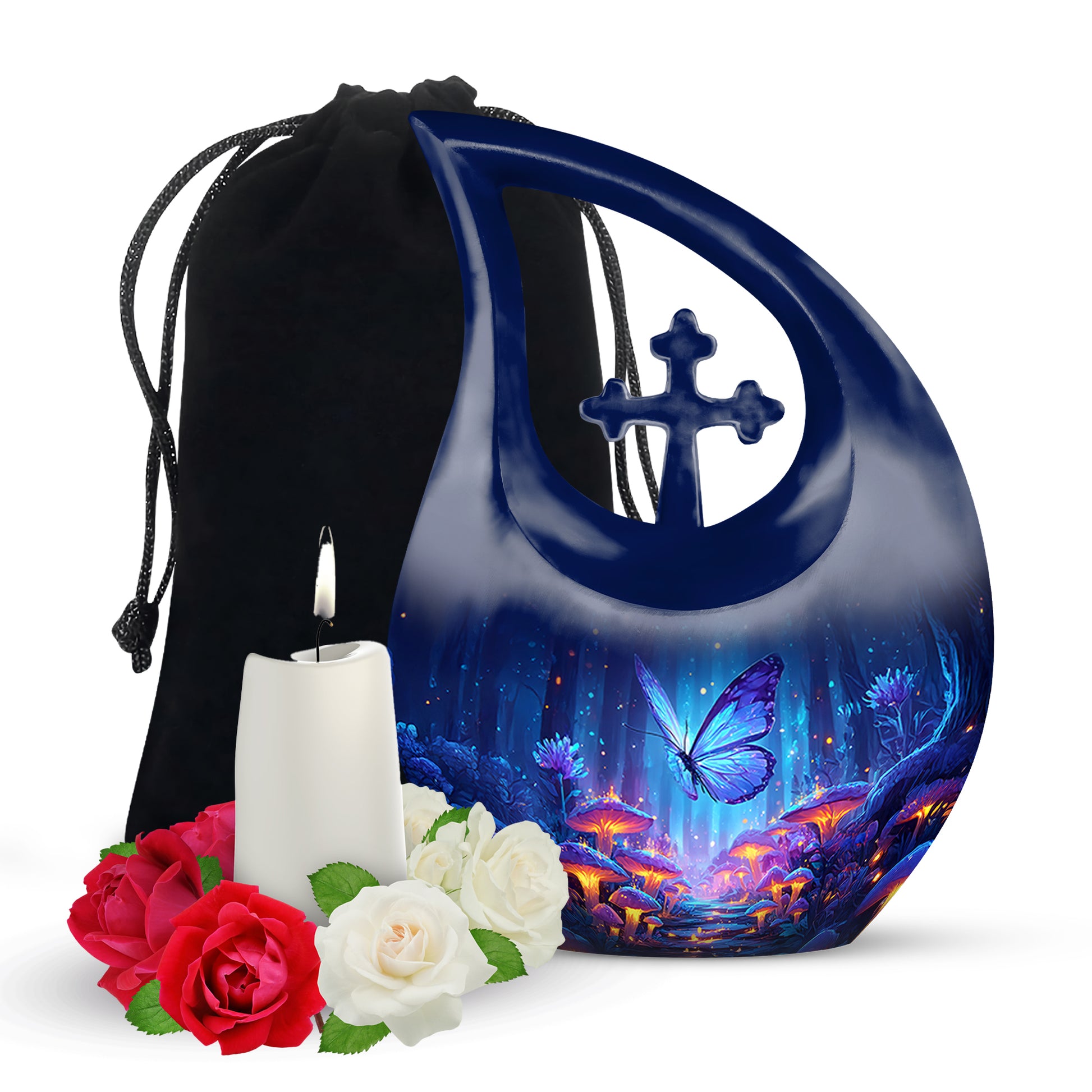 Cobalt Blue Butterfly Cremation Urn top-down view of secure threaded lid - faith-inspired cross-drop urn with butterfly pattern - full-size 10 inch 200 cubic inch adult cremation urn
