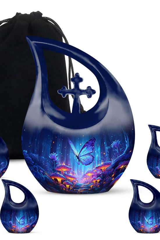 Bright Blue Butterfly Cremation Urn urn with complimentary velvet bag - devotional cross-drop butterfly engraving - memorial set with one large and four small urns