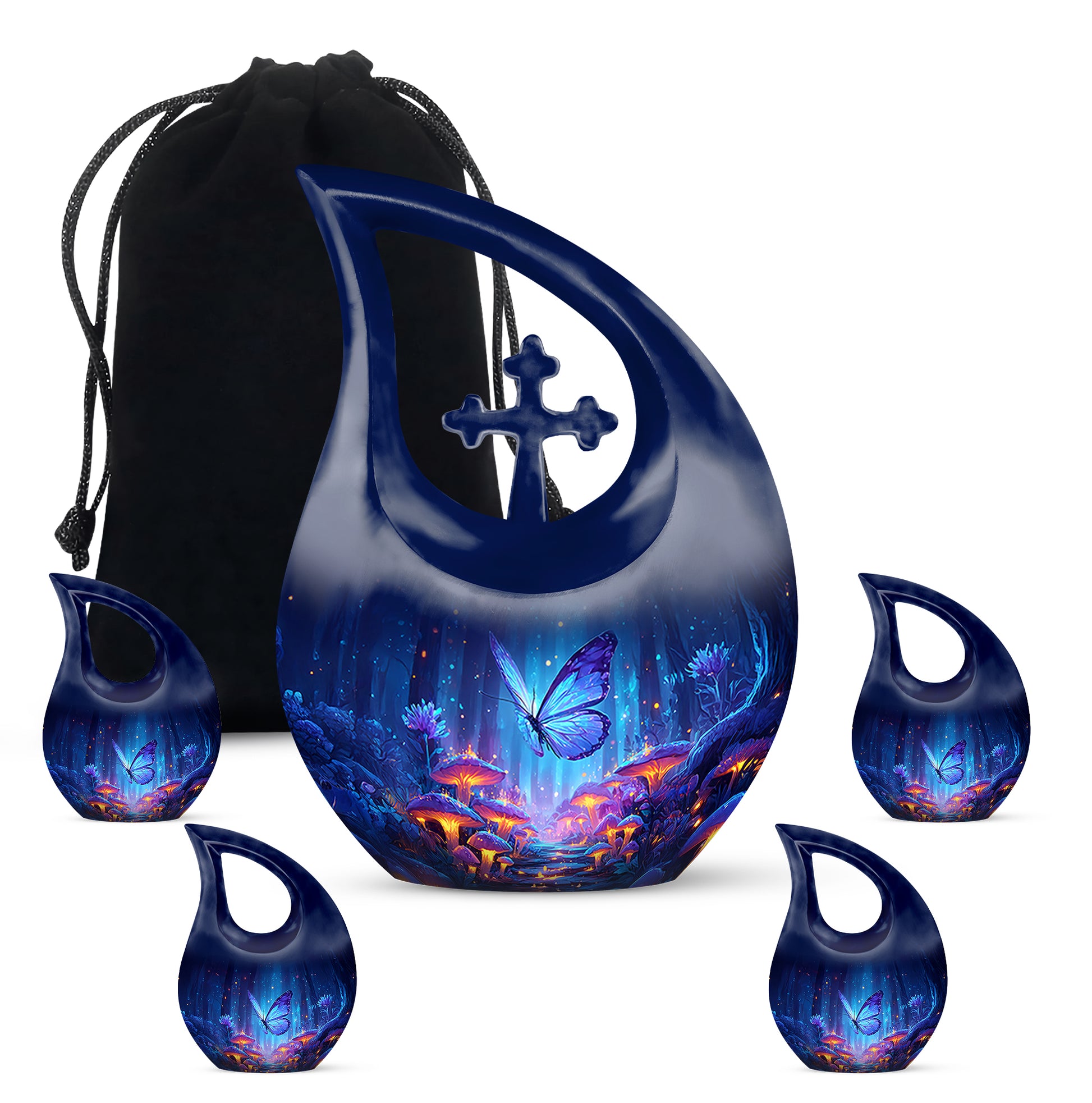 Bright Blue Butterfly Cremation Urn urn with complimentary velvet bag - devotional cross-drop butterfly engraving - memorial set with one large and four small urns