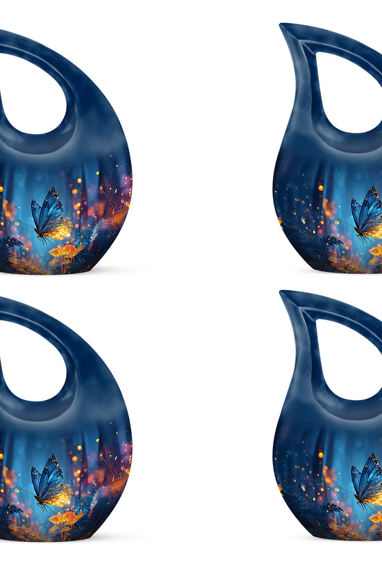 Cobalt Blue Butterfly Cremation Urn lifestyle display on memorial shelf - faith-inspired cross-drop urn with butterfly pattern - 10 inch aluminum urn for cremated remains