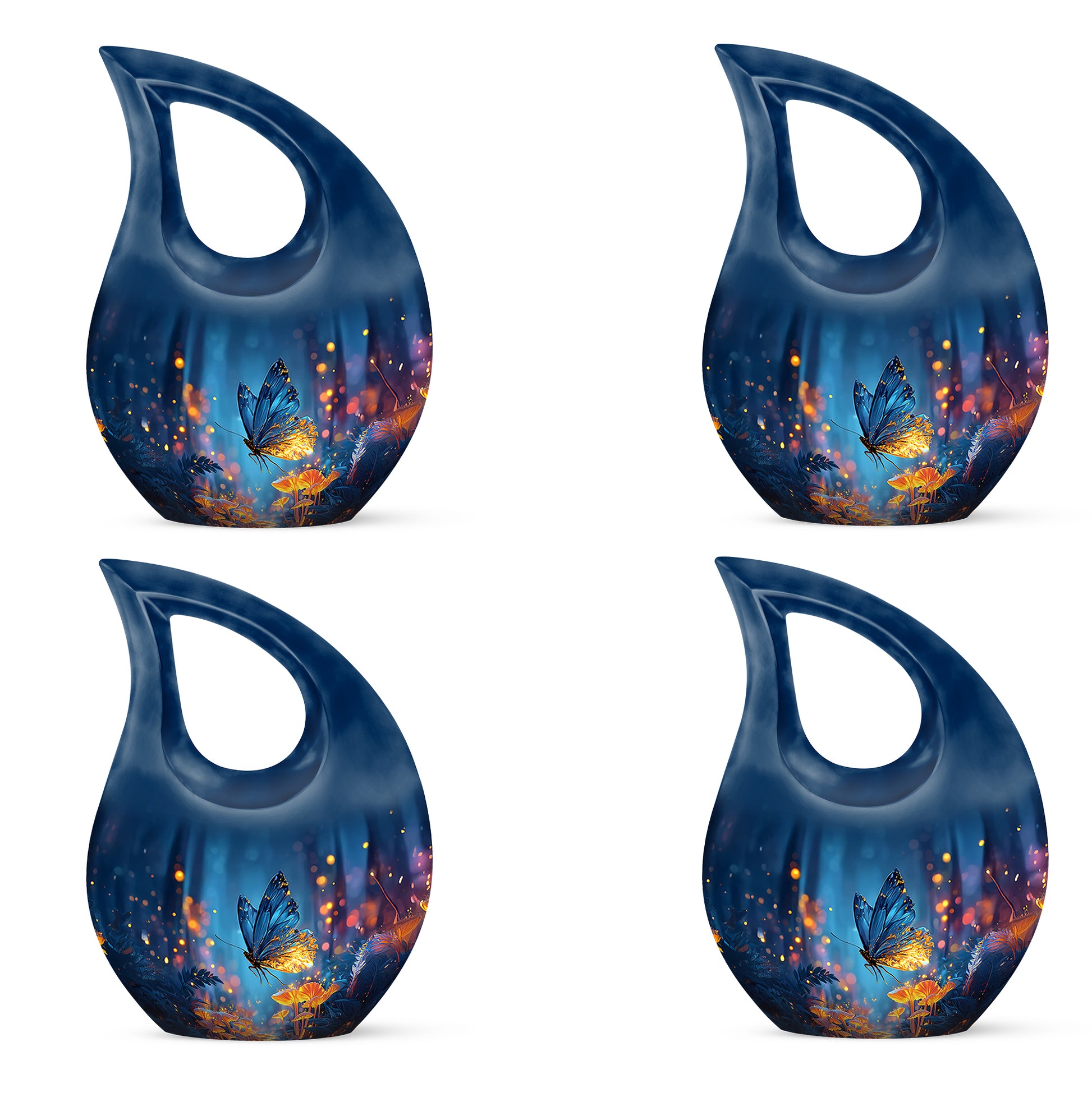 Cobalt Blue Butterfly Cremation Urn lifestyle display on memorial shelf - faith-inspired cross-drop urn with butterfly pattern - 10 inch aluminum urn for cremated remains