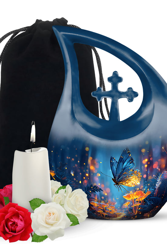 Cobalt Blue Butterfly Cremation Urn top-down view of secure threaded lid - devotional cross-drop butterfly engraving - full-size 10 inch 200 cubic inch adult cremation urn