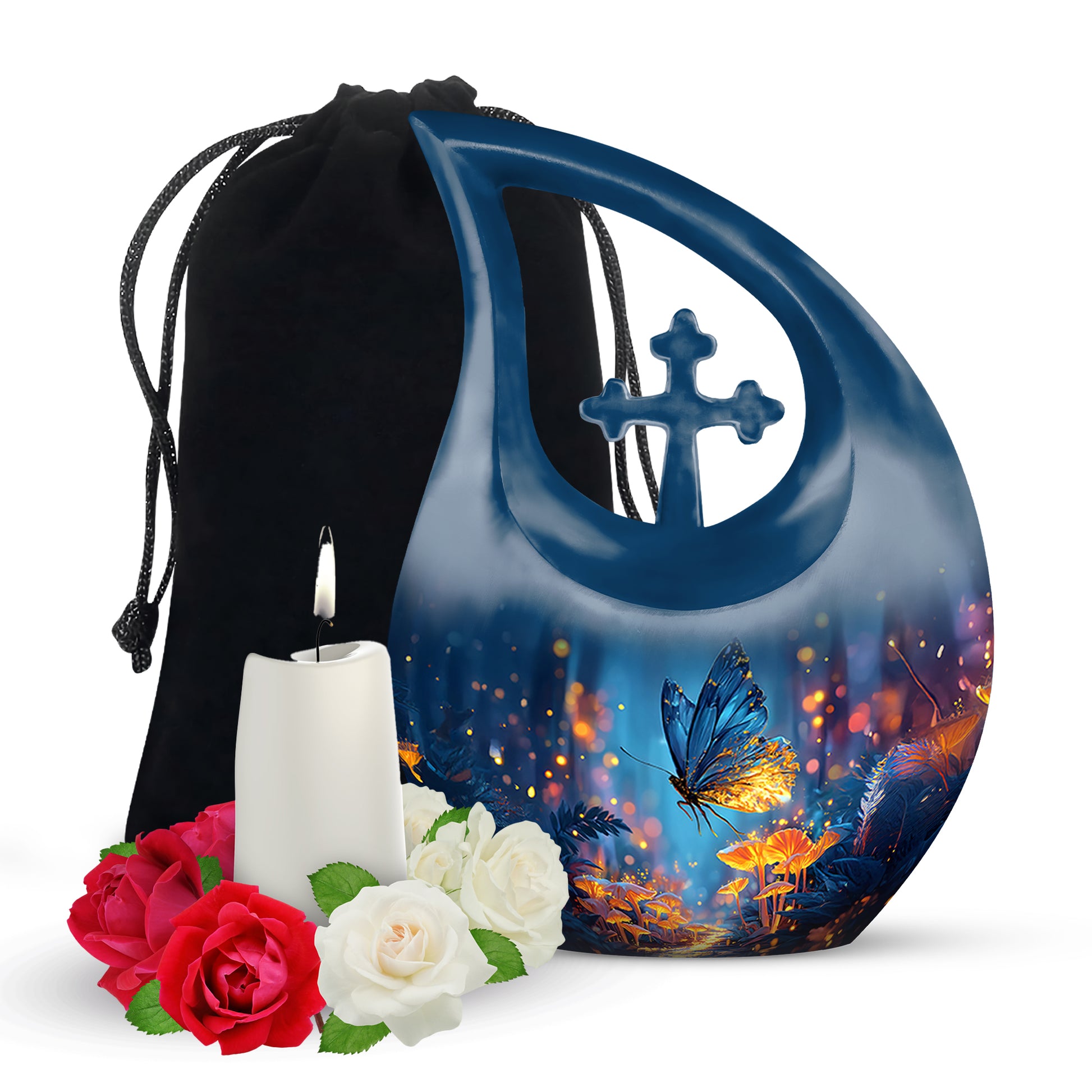 Cobalt Blue Butterfly Cremation Urn top-down view of secure threaded lid - devotional cross-drop butterfly engraving - full-size 10 inch 200 cubic inch adult cremation urn