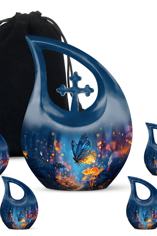 Pastel Blue Butterfly Cremation Urn urn with complimentary velvet bag - sacred cross merged with butterfly motif on metal - memorial set with one large and four small urns