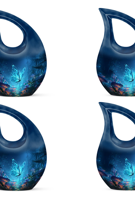 Vivid Blue Butterfly Cremation Urn lifestyle display on memorial shelf - devotional cross-drop butterfly engraving - 10 inch aluminum urn for cremated remains