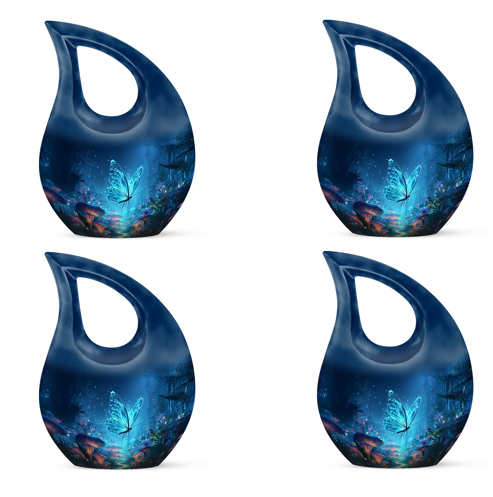 Vivid Blue Butterfly Cremation Urn lifestyle display on memorial shelf - devotional cross-drop butterfly engraving - 10 inch aluminum urn for cremated remains