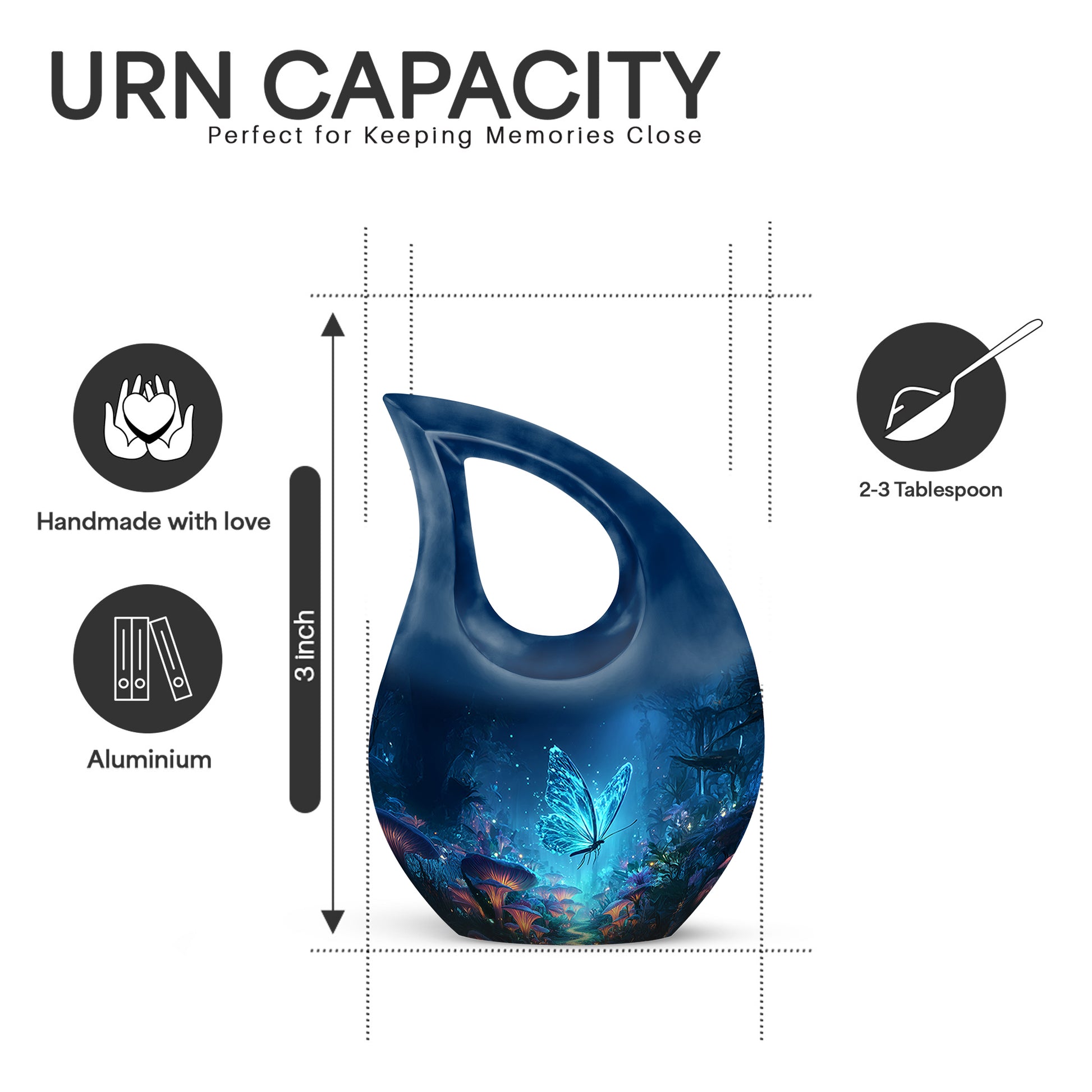 Misty Blue Butterfly Cremation Urn back view with polished surface - sacred cross merged with butterfly motif on metal - mini keepsake memorial for portion of cremation ashes