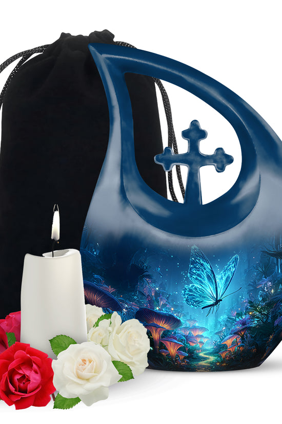 Twilight Blue Butterfly Cremation Urn top-down view of secure threaded lid - devotional cross-drop butterfly engraving - full-size 10 inch 200 cubic inch adult cremation urn
