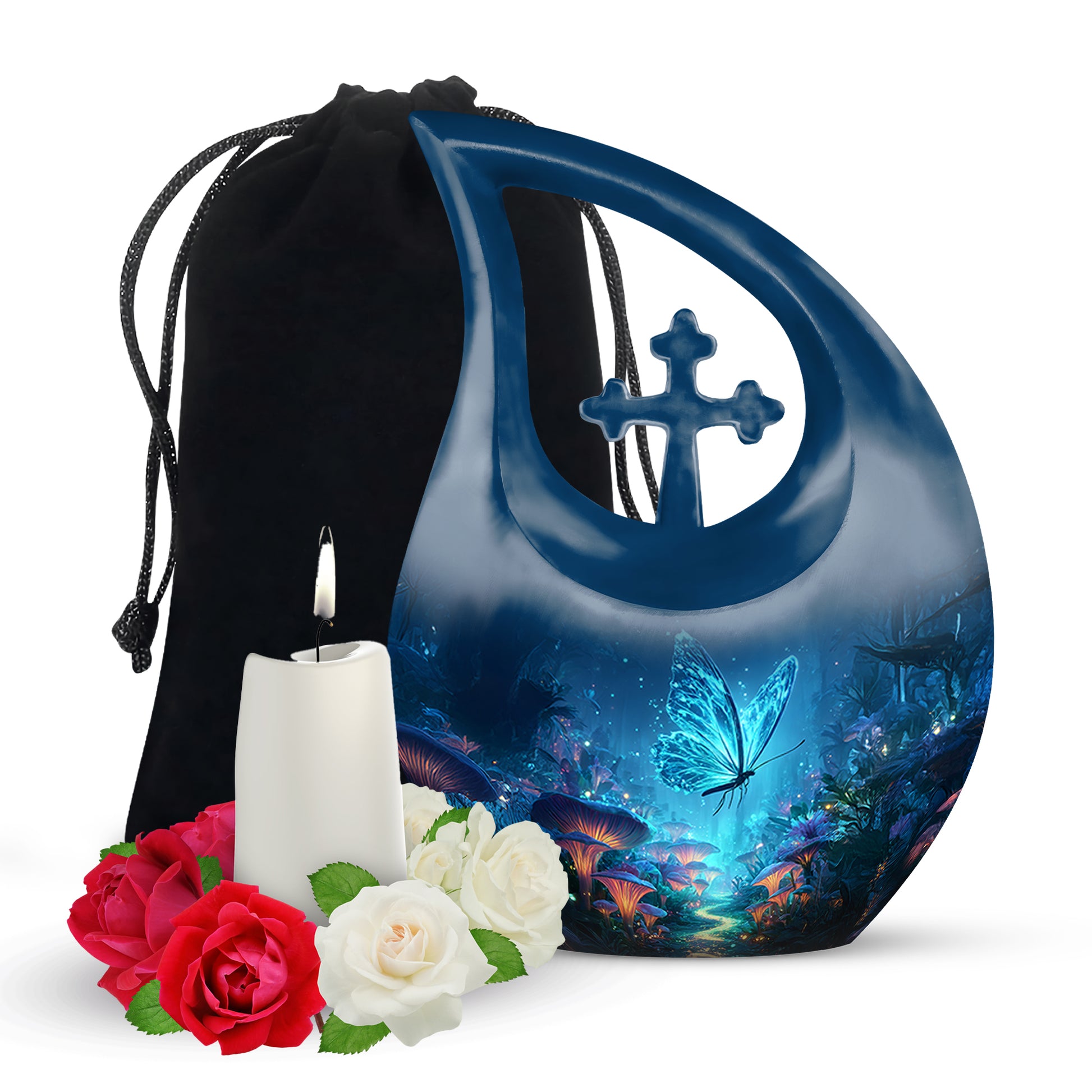 Twilight Blue Butterfly Cremation Urn top-down view of secure threaded lid - devotional cross-drop butterfly engraving - full-size 10 inch 200 cubic inch adult cremation urn