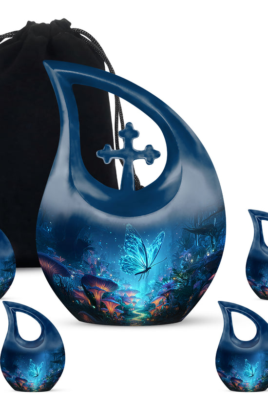 Pastel Blue Butterfly Cremation Urn urn with complimentary velvet bag - sacred cross merged with butterfly motif on metal - memorial set with one large and four small urns