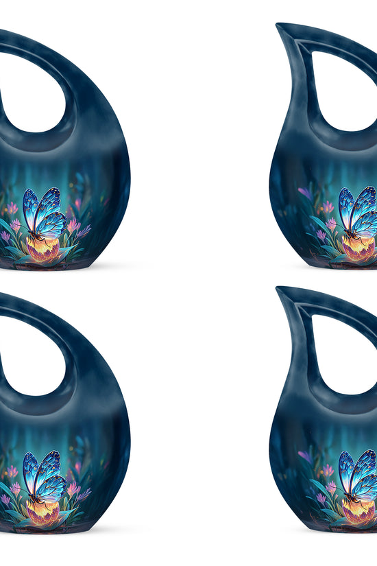 Steel Blue Butterfly Cremation Urn lifestyle display on memorial shelf - devotional cross-drop butterfly engraving - 10 inch aluminum urn for cremated remains