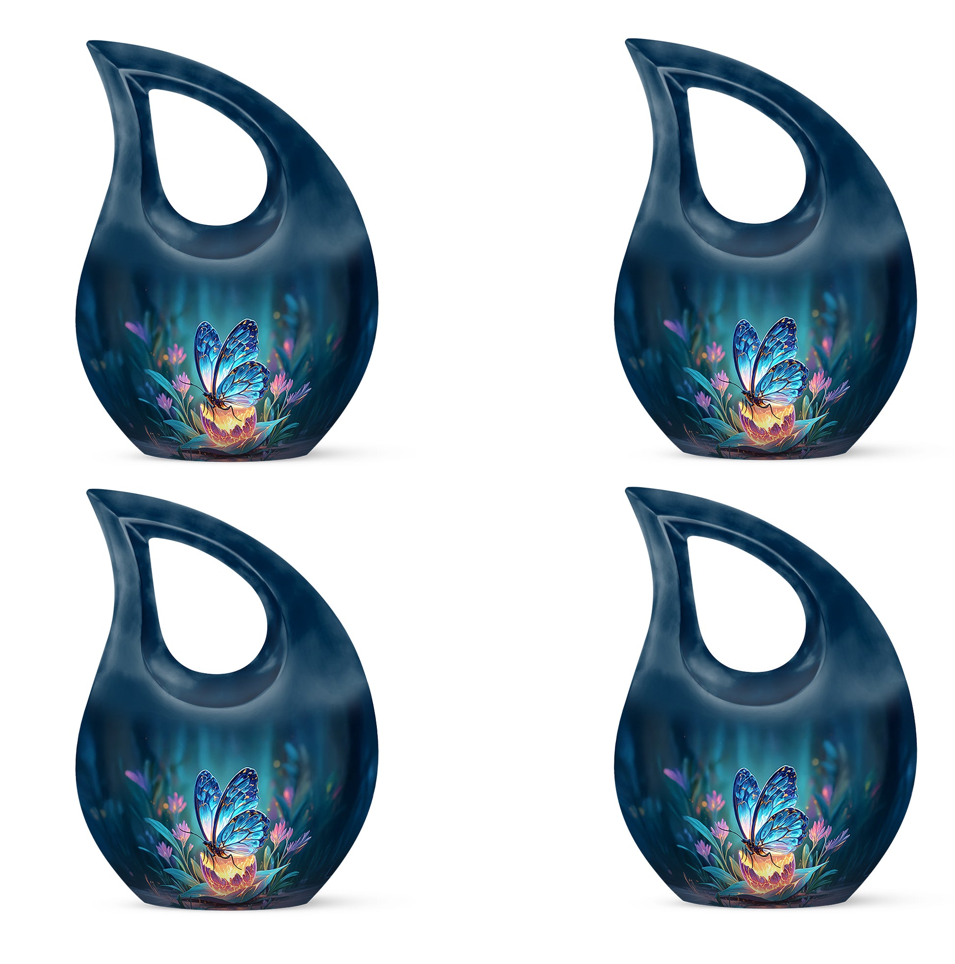 Steel Blue Butterfly Cremation Urn lifestyle display on memorial shelf - devotional cross-drop butterfly engraving - 10 inch aluminum urn for cremated remains
