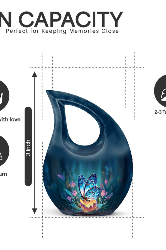 Misty Blue Butterfly Cremation Urn back view with polished surface - cross and butterfly combined in spiritual memorial design - mini keepsake memorial for portion of cremation ashes