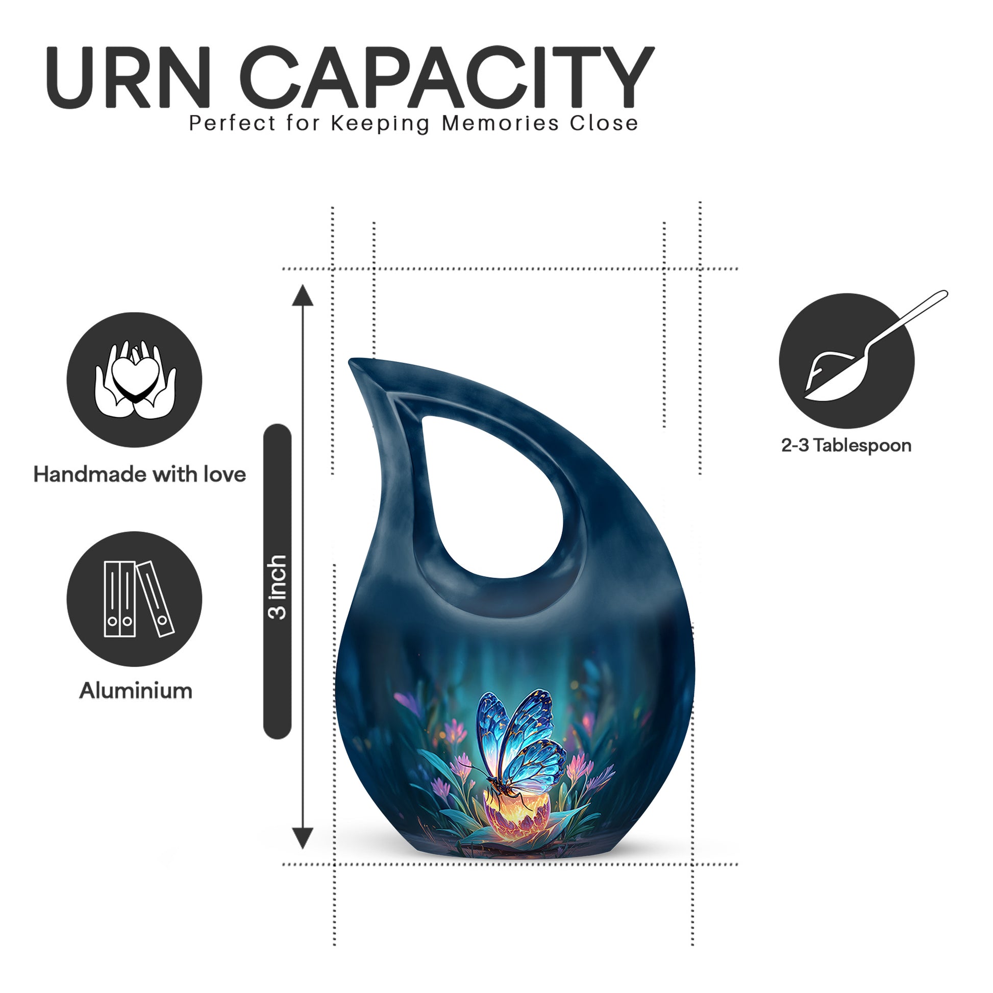 Misty Blue Butterfly Cremation Urn back view with polished surface - cross and butterfly combined in spiritual memorial design - mini keepsake memorial for portion of cremation ashes