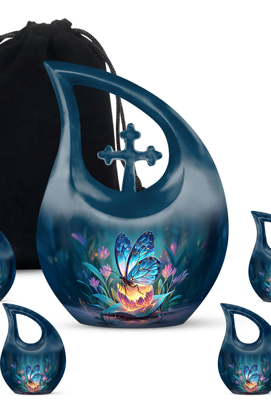 Icy Blue Butterfly Cremation Urn urn with complimentary velvet bag - sacred cross merged with butterfly motif on metal - memorial set with one large and four small urns
