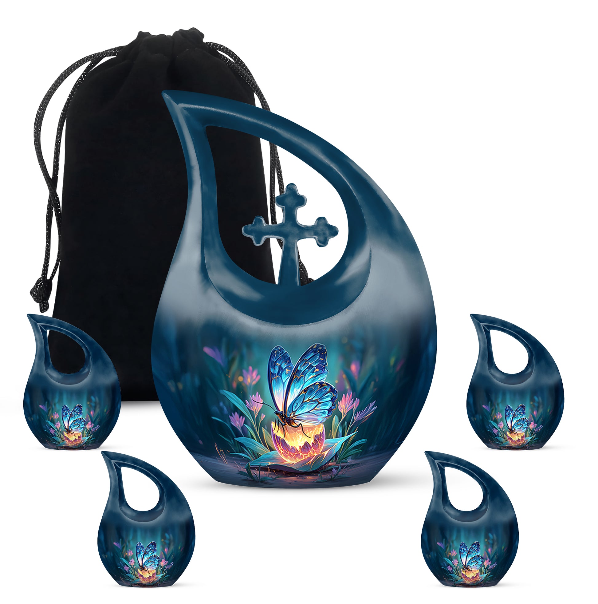 Icy Blue Butterfly Cremation Urn urn with complimentary velvet bag - sacred cross merged with butterfly motif on metal - memorial set with one large and four small urns