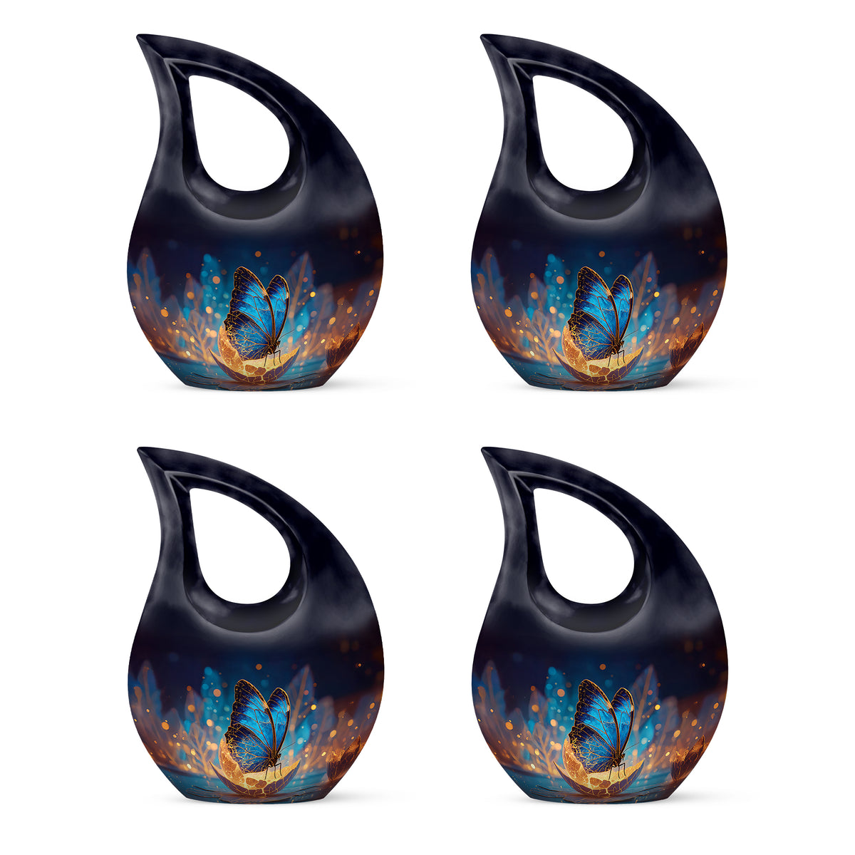 Cobalt Blue Butterfly Cremation Urn lifestyle display on memorial shelf - devotional cross-drop butterfly engraving - 10 inch aluminum urn for cremated remains