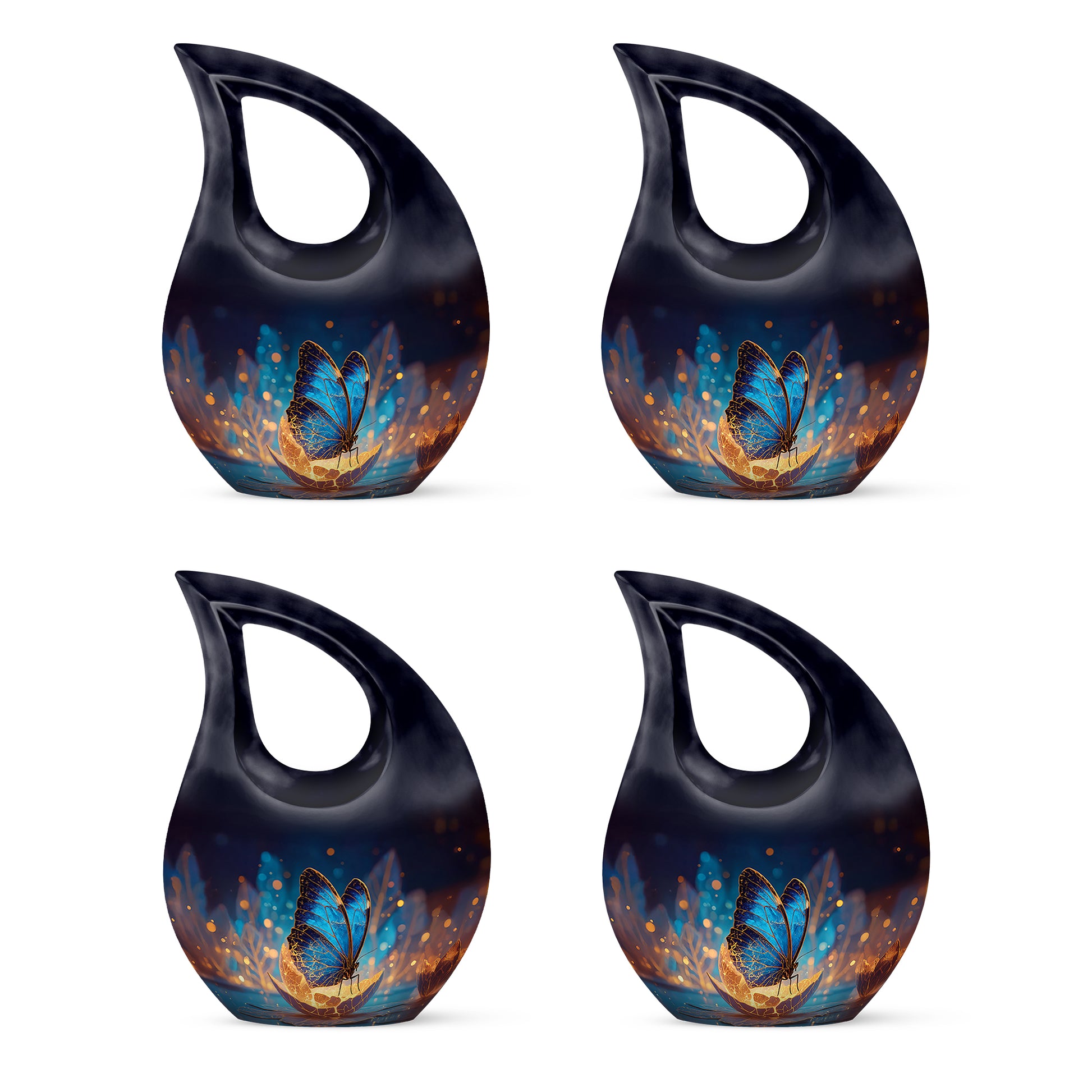 Cobalt Blue Butterfly Cremation Urn lifestyle display on memorial shelf - devotional cross-drop butterfly engraving - 10 inch aluminum urn for cremated remains