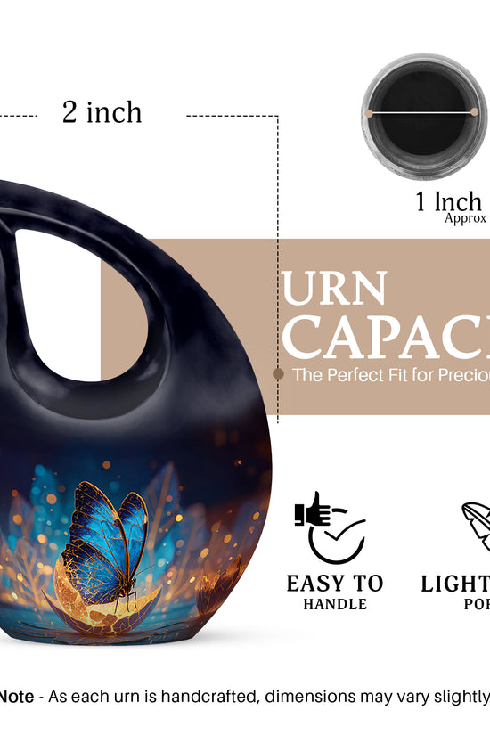 Sky Blue Butterfly Cremation Urn back view with polished surface - sacred cross merged with butterfly motif on metal - mini keepsake memorial for portion of cremation ashes