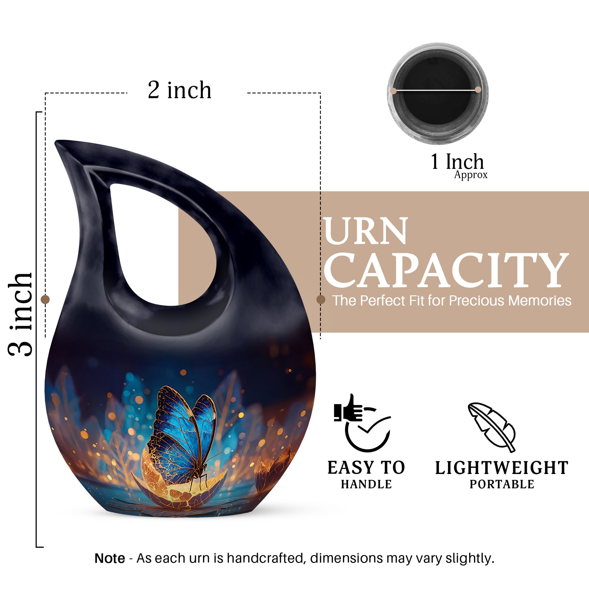 Sky Blue Butterfly Cremation Urn back view with polished surface - sacred cross merged with butterfly motif on metal - mini keepsake memorial for portion of cremation ashes