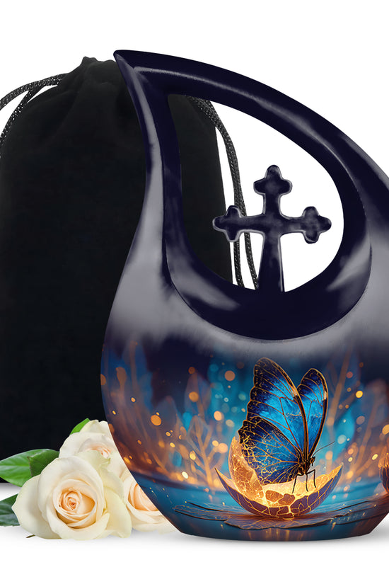 Steel Blue Butterfly Cremation Urn top-down view of secure threaded lid - devotional cross-drop butterfly engraving - full-size 10 inch 200 cubic inch adult cremation urn