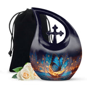 Steel Blue Butterfly Cremation Urn top-down view of secure threaded lid - devotional cross-drop butterfly engraving - full-size 10 inch 200 cubic inch adult cremation urn