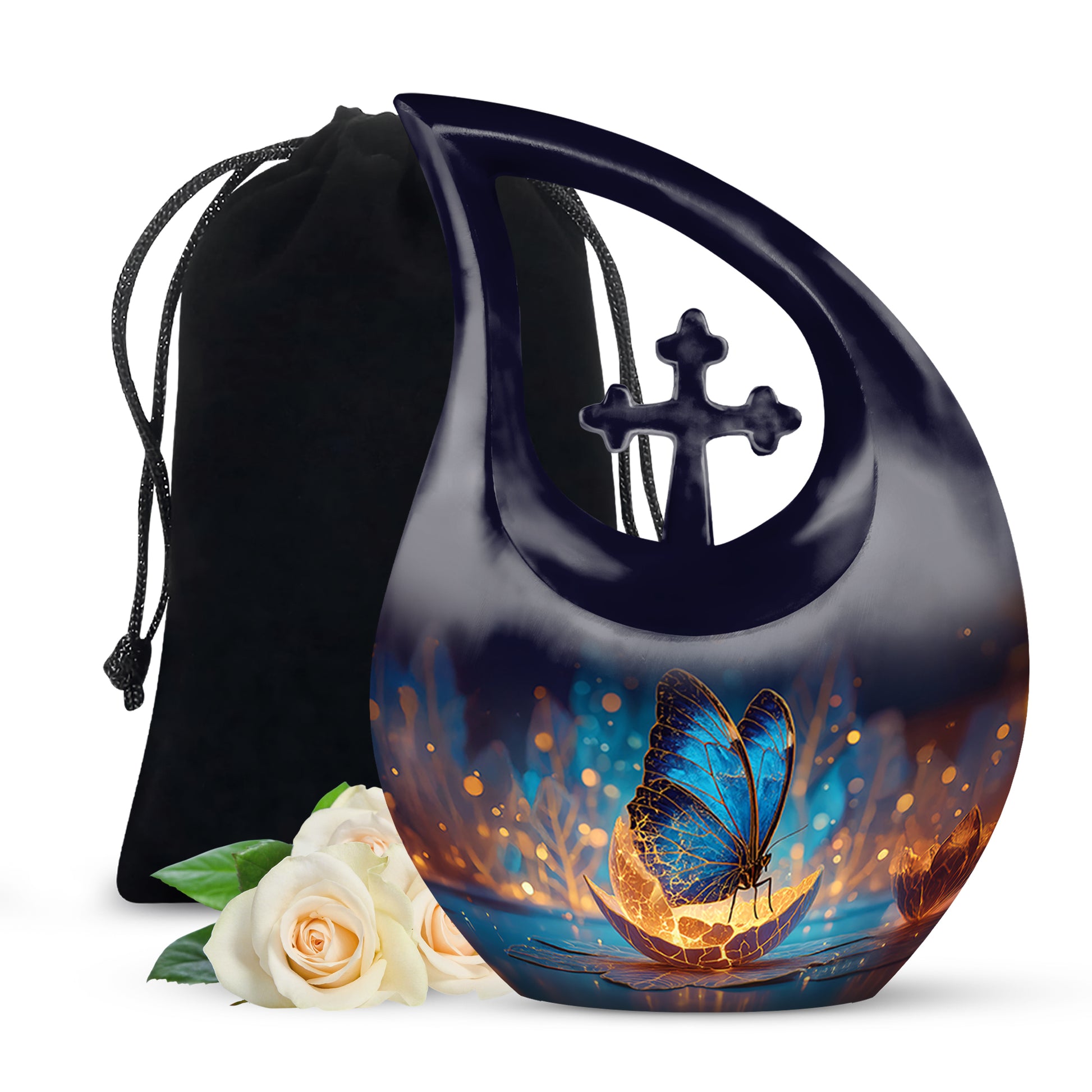 Steel Blue Butterfly Cremation Urn top-down view of secure threaded lid - devotional cross-drop butterfly engraving - full-size 10 inch 200 cubic inch adult cremation urn