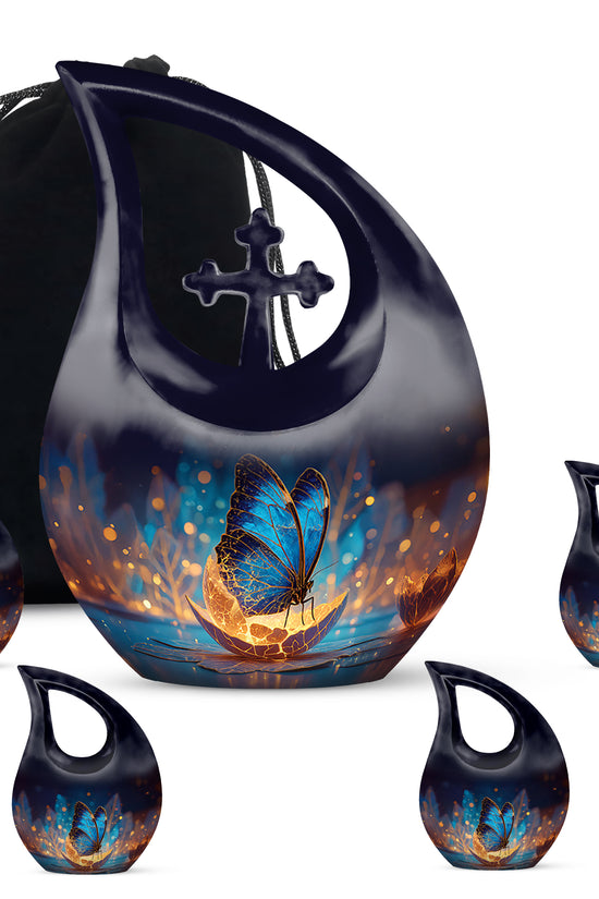 Celestial Blue Butterfly Cremation Urn urn with complimentary velvet bag - sacred cross merged with butterfly motif on metal - memorial set with one large and four small urns