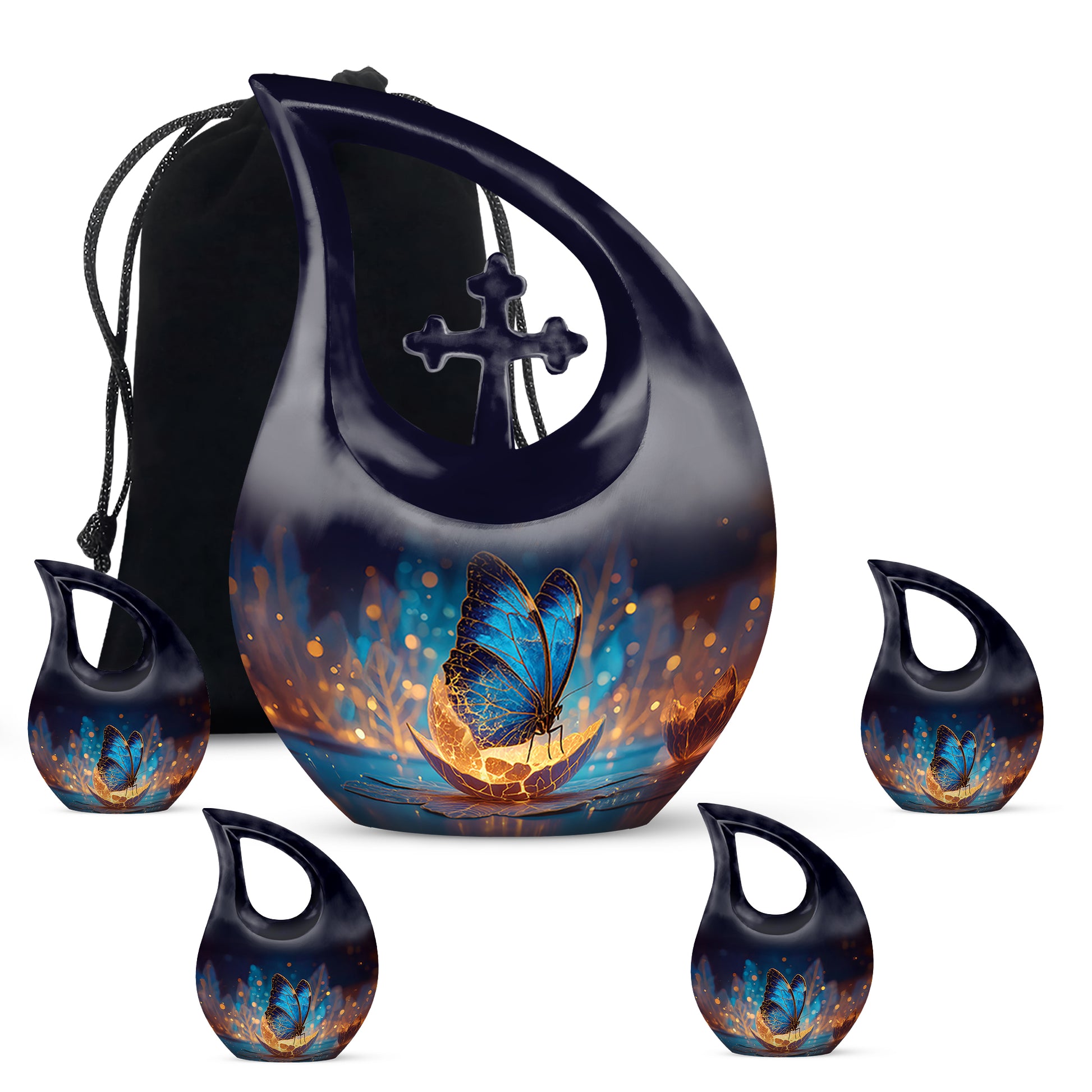 Celestial Blue Butterfly Cremation Urn urn with complimentary velvet bag - sacred cross merged with butterfly motif on metal - memorial set with one large and four small urns