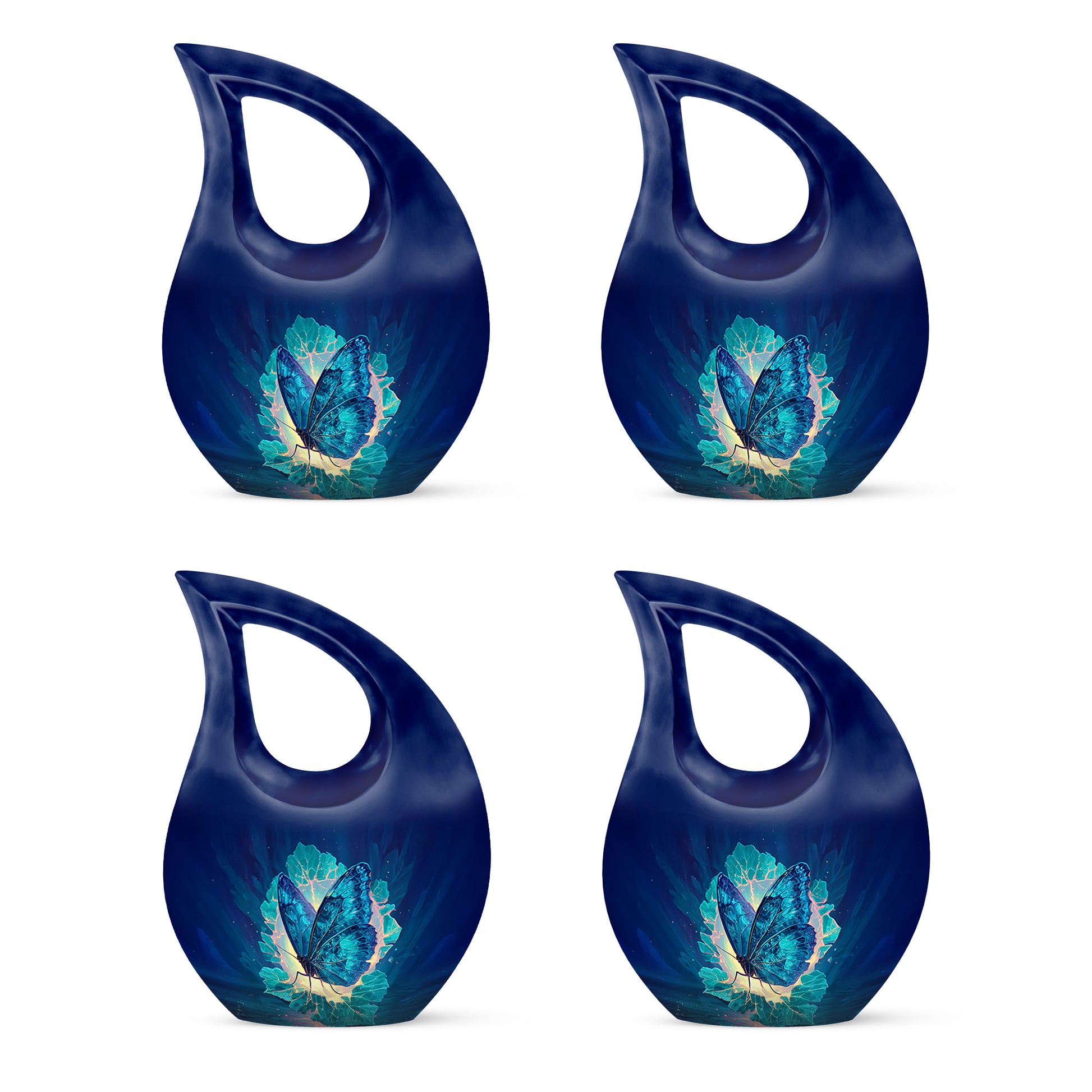 Serene Blue Butterfly Cremation Urn lifestyle display on memorial shelf - faith-inspired cross-drop urn with butterfly pattern - 10 inch aluminum urn for cremated remains