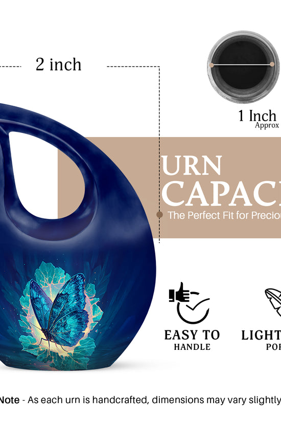 Calming Blue Butterfly Cremation Urn back view with polished surface - devotional cross-drop butterfly engraving - mini keepsake memorial for portion of cremation ashes