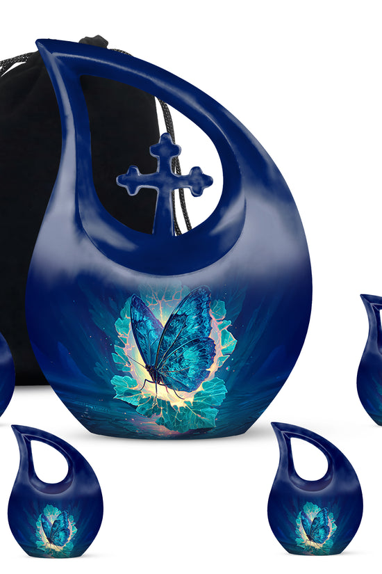 Pastel Blue Butterfly Cremation Urn urn with complimentary velvet bag - sacred cross merged with butterfly motif on metal - memorial set with one large and four small urns