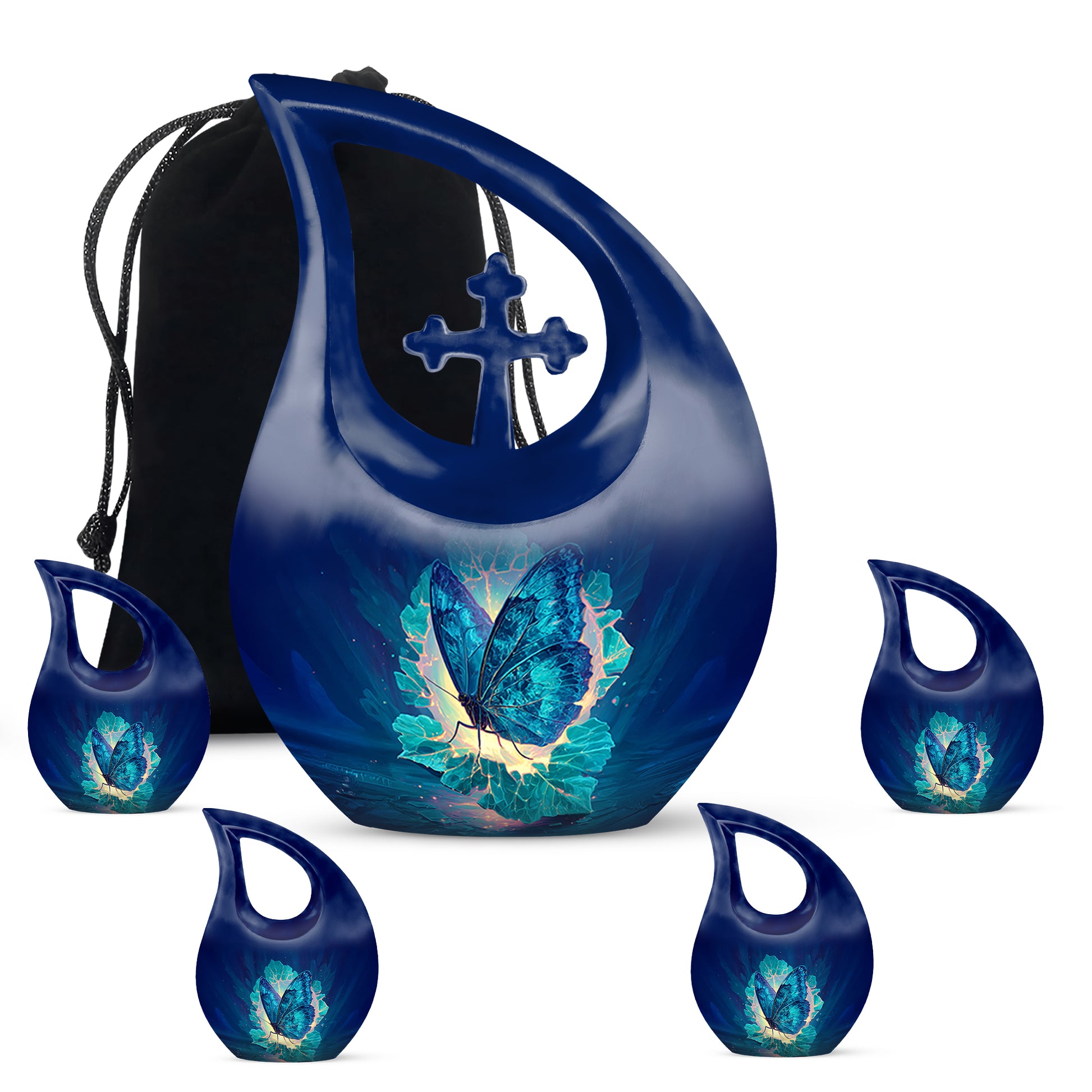 Pastel Blue Butterfly Cremation Urn urn with complimentary velvet bag - sacred cross merged with butterfly motif on metal - memorial set with one large and four small urns