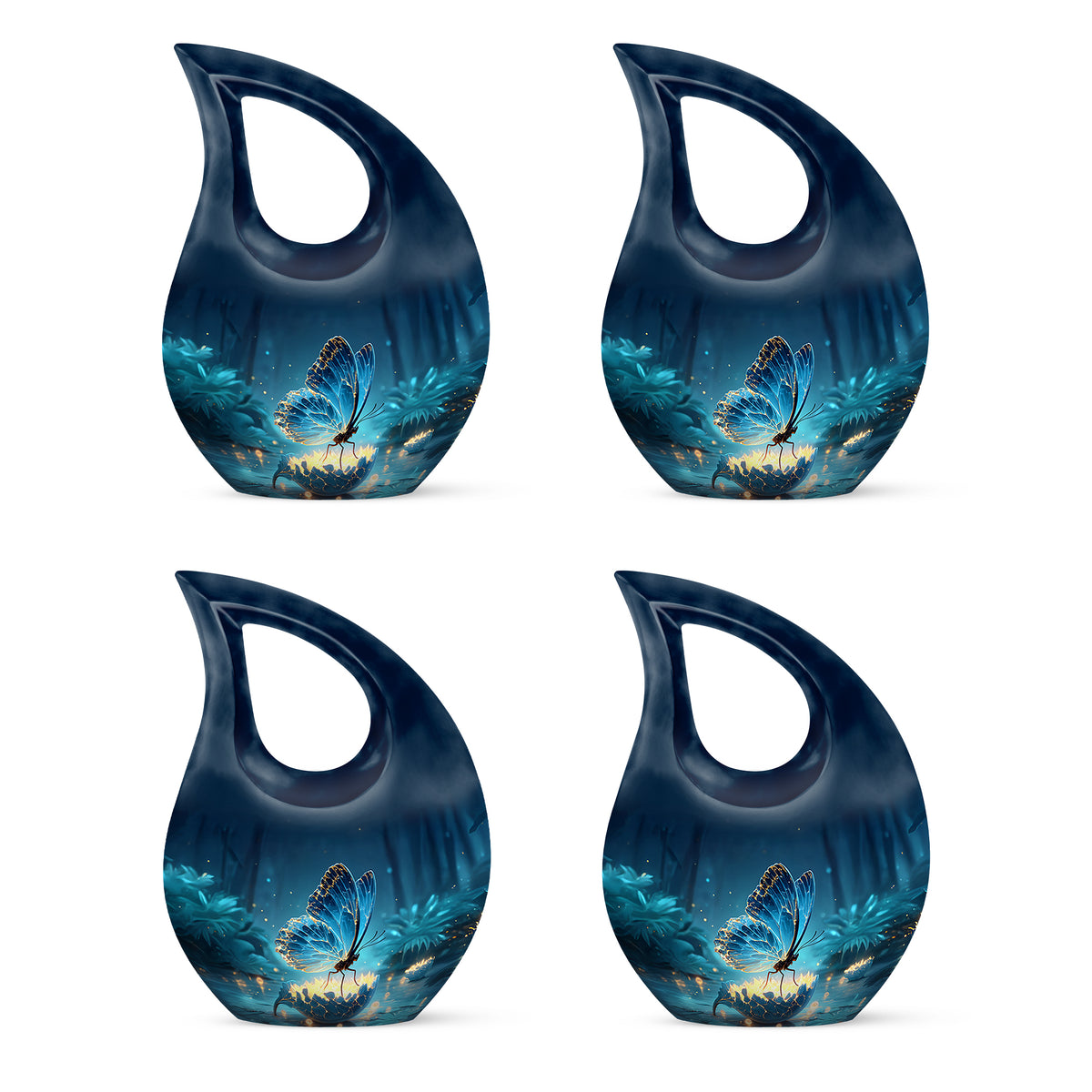 Steel Blue Butterfly Cremation Urn lifestyle display on memorial shelf - faith-inspired cross-drop urn with butterfly pattern - 10 inch aluminum urn for cremated remains