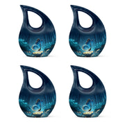 Steel Blue Butterfly Cremation Urn lifestyle display on memorial shelf - faith-inspired cross-drop urn with butterfly pattern - 10 inch aluminum urn for cremated remains