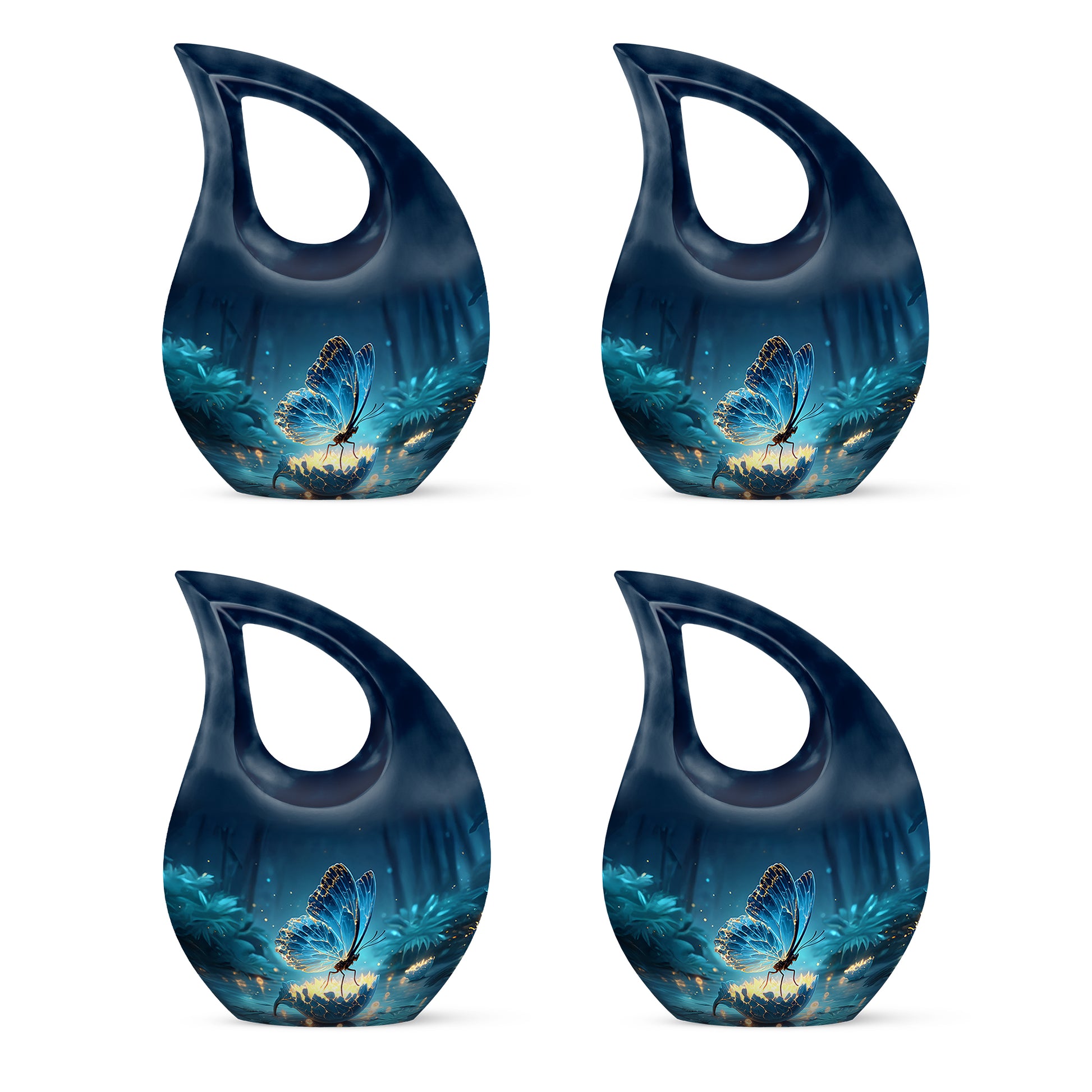 Steel Blue Butterfly Cremation Urn lifestyle display on memorial shelf - faith-inspired cross-drop urn with butterfly pattern - 10 inch aluminum urn for cremated remains