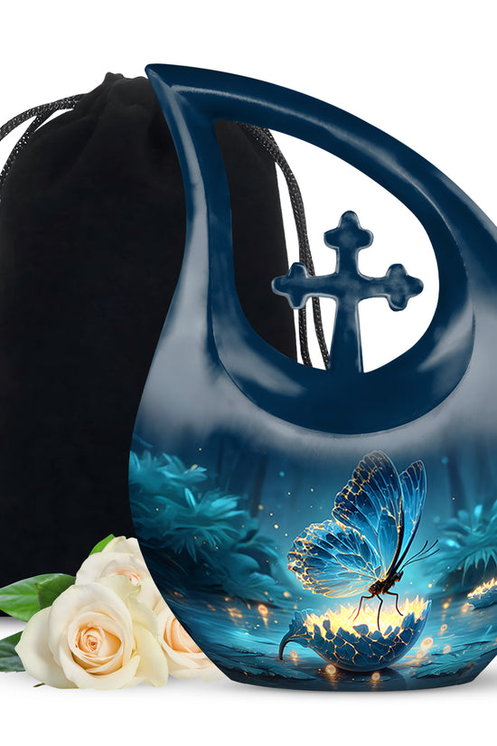 Calming Blue Butterfly Cremation Urn top-down view of secure threaded lid - devotional cross-drop butterfly engraving - full-size 10 inch 200 cubic inch adult cremation urn