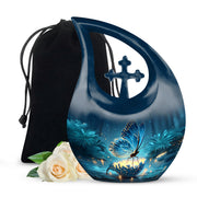 Calming Blue Butterfly Cremation Urn top-down view of secure threaded lid - devotional cross-drop butterfly engraving - full-size 10 inch 200 cubic inch adult cremation urn