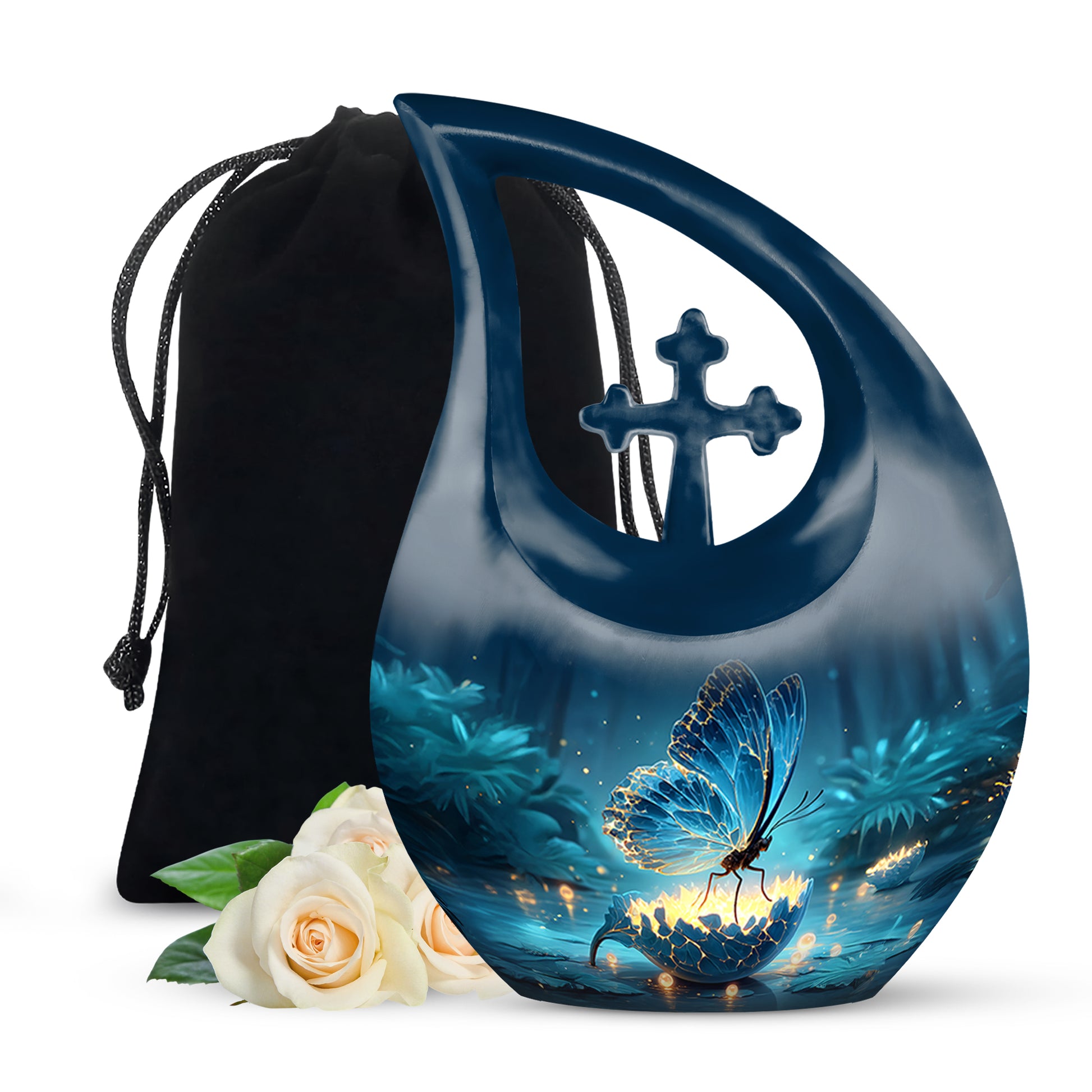 Calming Blue Butterfly Cremation Urn top-down view of secure threaded lid - devotional cross-drop butterfly engraving - full-size 10 inch 200 cubic inch adult cremation urn