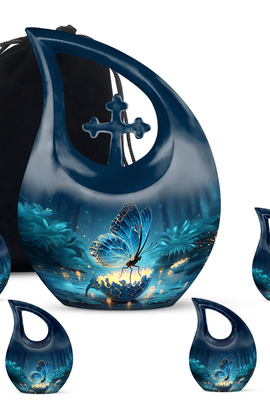 Cornflower Blue Butterfly Cremation Urn urn with complimentary velvet bag - faith-inspired cross-drop urn with butterfly pattern - memorial set with one large and four small urns