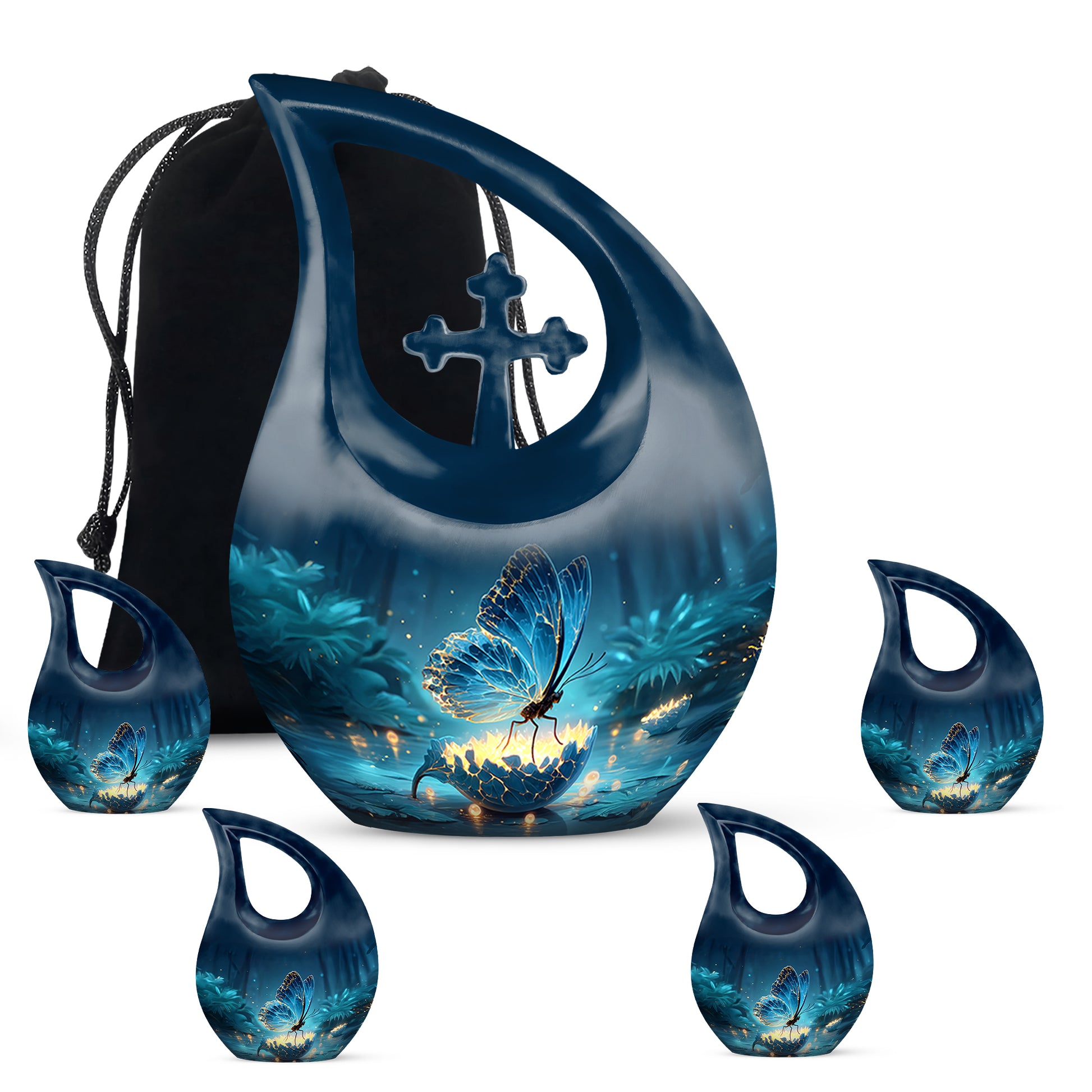 Cornflower Blue Butterfly Cremation Urn urn with complimentary velvet bag - faith-inspired cross-drop urn with butterfly pattern - memorial set with one large and four small urns