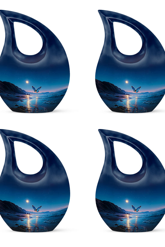 Celestial Blue Butterfly Cremation Urn lifestyle display on memorial shelf - cross and butterfly combined in spiritual memorial design - 10 inch aluminum urn for cremated remains