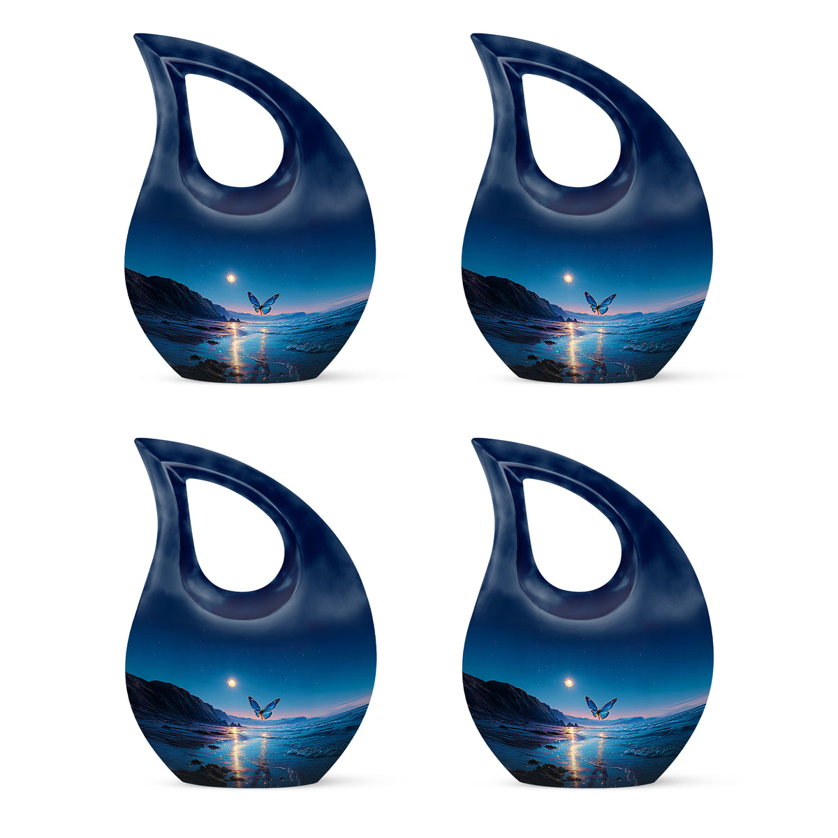 Celestial Blue Butterfly Cremation Urn lifestyle display on memorial shelf - cross and butterfly combined in spiritual memorial design - 10 inch aluminum urn for cremated remains