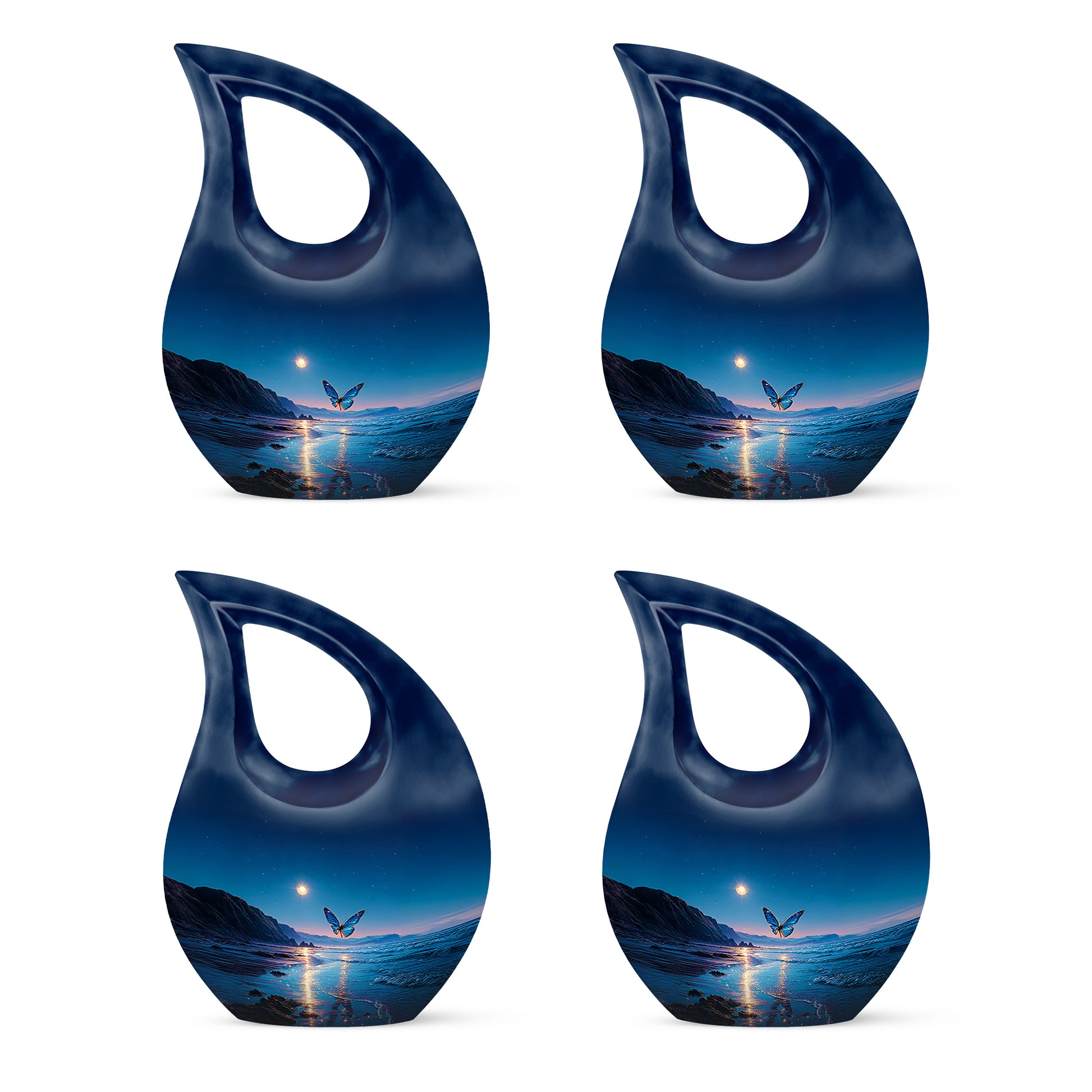 Celestial Blue Butterfly Cremation Urn lifestyle display on memorial shelf - cross and butterfly combined in spiritual memorial design - 10 inch aluminum urn for cremated remains