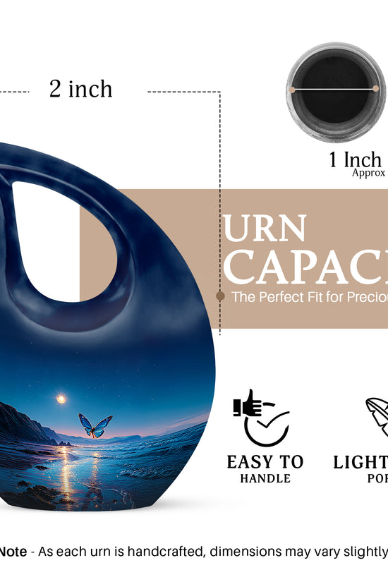 Azure Butterfly Cremation Urn back view with polished surface - cross and butterfly combined in spiritual memorial design - mini keepsake memorial for portion of cremation ashes